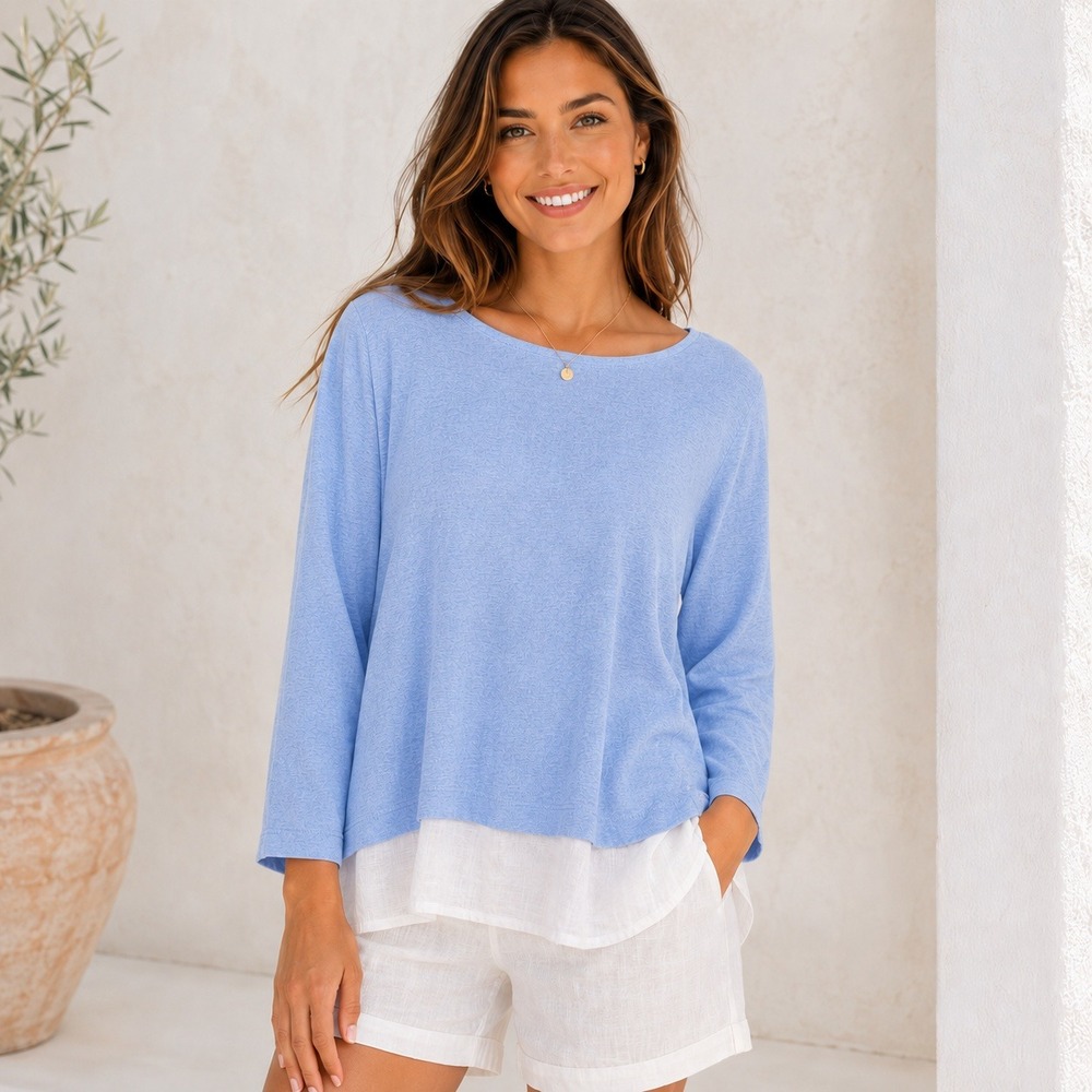 J. Jill Love Linen Blue Layered Hem Long Sleeve Top Medium Side Button Detail